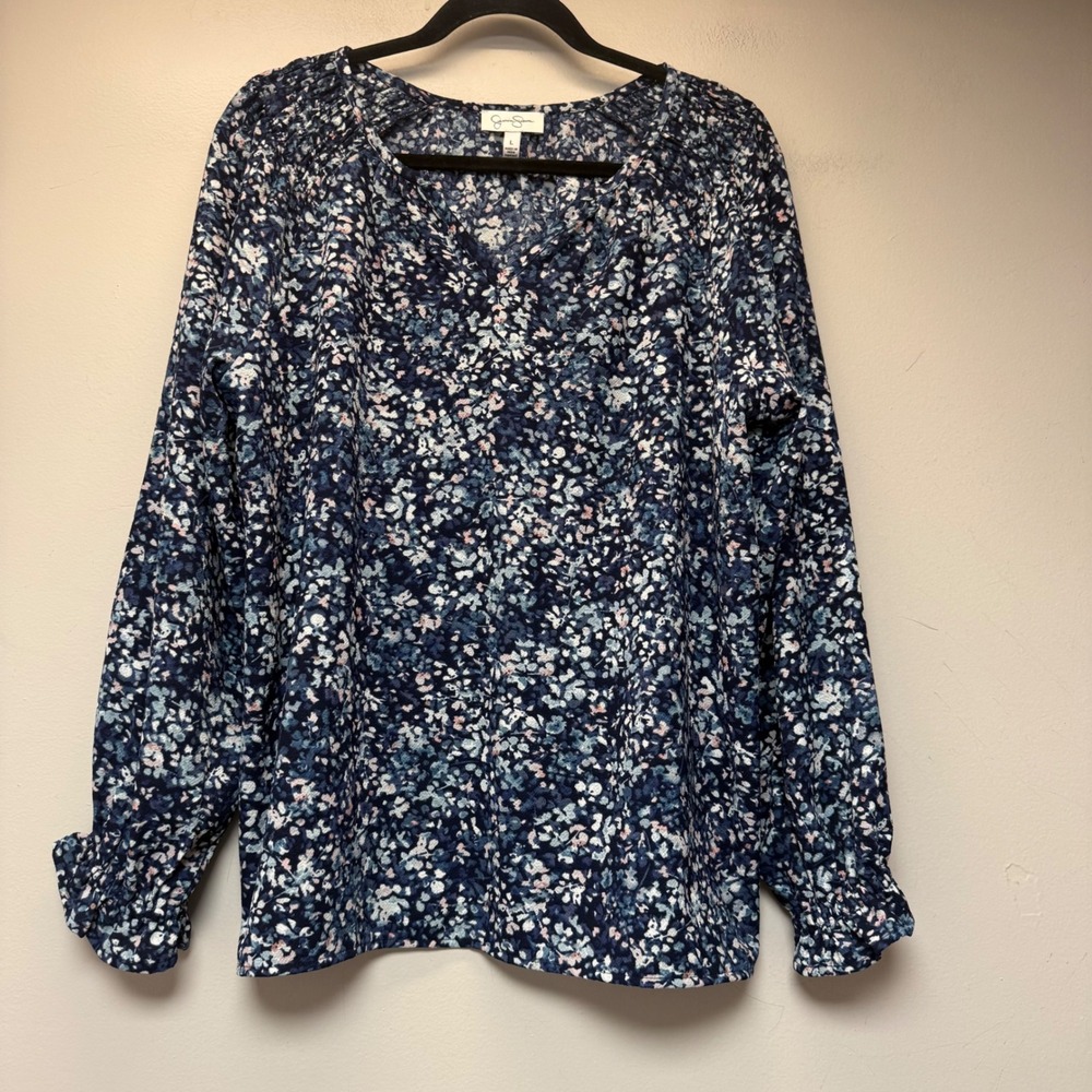 Jessica Simpson Blouse Women Size L Navy Blue Floral Excellent Smocked Cuff Top